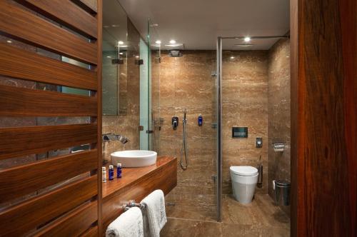 a bathroom with a shower and a sink and a toilet at Grund Resort Golf and Ski in Mladé Buky