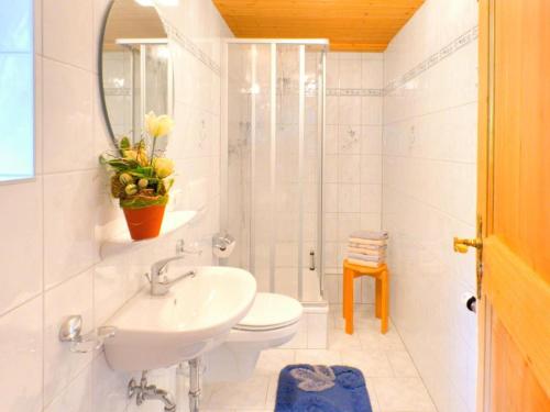 ein Badezimmer mit einem Waschbecken, einem WC und einem Spiegel in der Unterkunft Ferienhaus Angerer in Berchtesgaden