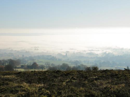 a misty view of a field and a body of water at The Little Beehive in Worcester
