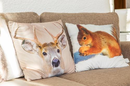 ライト・イム・ヴィンクルにあるFerienwohnung Lea-Stübchenの枕2つ(鹿とソファにリス)