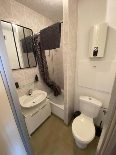 a small bathroom with a toilet and a sink at Au 9 sans 6 : Studio lumineux vue mer latérale in Nieuwpoort