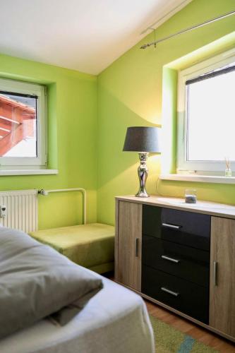 a bedroom with green walls and a bed and a lamp at Hills View Apartment in Donovaly