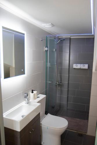 a bathroom with a toilet and a shower and a sink at Ierapetra flats in Ierapetra