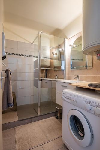 une salle de bain avec une machine à laver et un lavabo dans l'établissement Le Thalasso, à Amélie-les-Bains-Palalda