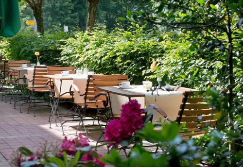 a row of tables and chairs in a garden at Wyndham Garden Potsdam in Potsdam