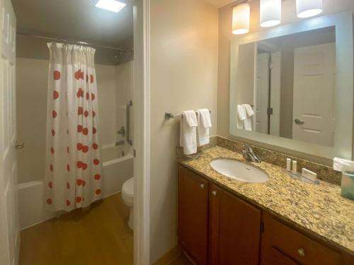 a bathroom with a sink and a toilet and a mirror at MainStay Suites Middleburg Heights Cleveland Airport in Middleburg Heights