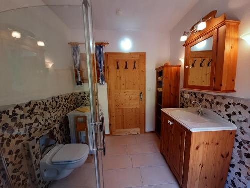a bathroom with a toilet and a sink and a shower at Apartments Teglbauernhof, Hütte, Chalet, Mobilheim, Appartement, Ferienwohnung, Pension, Urlaub in Uttendorf