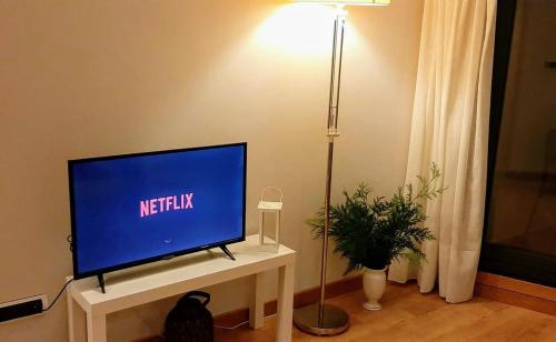 telewizor z płaskim ekranem siedzący na stojaku w salonie w obiekcie Atico con Terraza, Plaza América w mieście Vigo