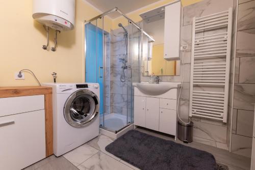a bathroom with a washing machine and a shower at Bled Honey Bee Apartment in Bled