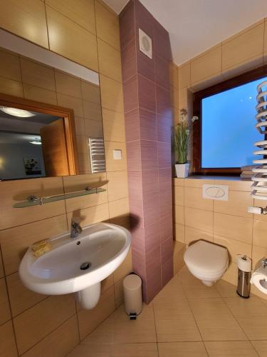 a bathroom with a sink and a toilet at Villa Amber in Międzywodzie