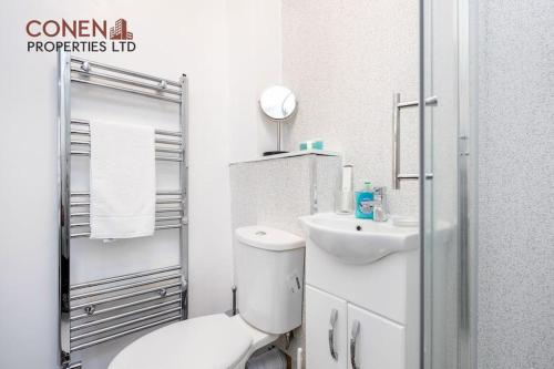 ein weißes Bad mit einem WC und einem Waschbecken in der Unterkunft CONEN Breccia Apartment in London