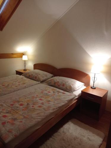 a bedroom with two beds and two lamps on tables at Drago Kremenjaš in Delnice