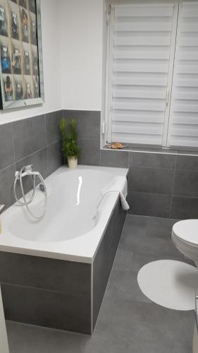 a bathroom with a bath tub and a toilet at Ferienwohnung Lion in Oschersleben