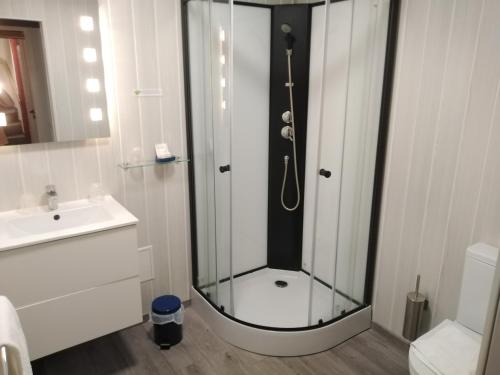 a glass shower in a bathroom with a sink at Les Remparts in Montreuil-sur-Mer