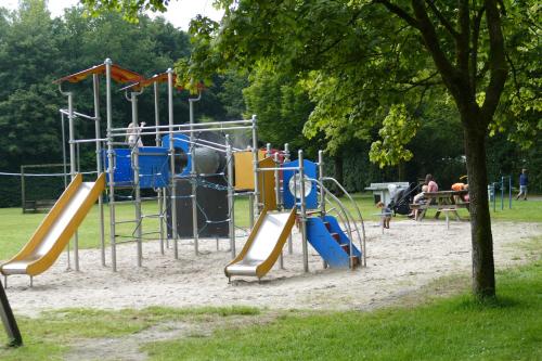 a playground in a park with children playing on it at Blokhut Camping Alkenhaer in Appelscha