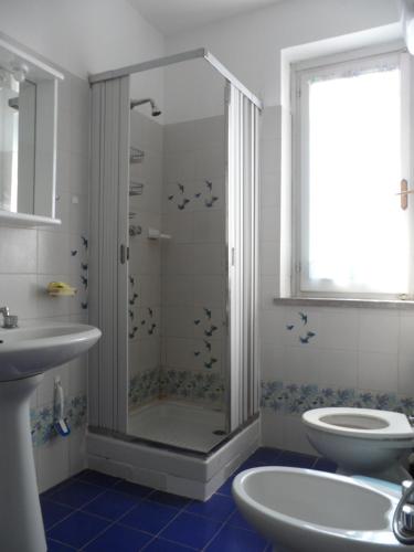 a bathroom with a shower and a toilet and a sink at Case Vacanze Valdilago in Bolsena