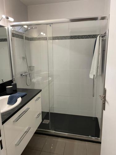 a bathroom with a glass shower and a sink at L'appart des lutins in Pornic