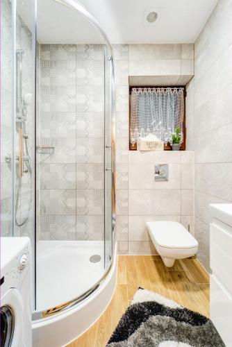 a bathroom with a shower and a toilet and a sink at Komfortowe domki na wynajem - Holiday Tatry in Poronin