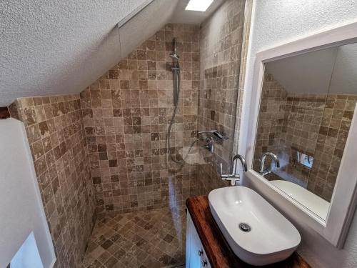 a small bathroom with a sink and a shower at Otto's Guesthouse in Prejmer