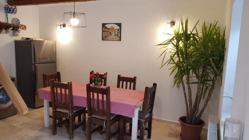 una mesa de comedor con sillas y una planta en Otto's Guesthouse, en Prejmer