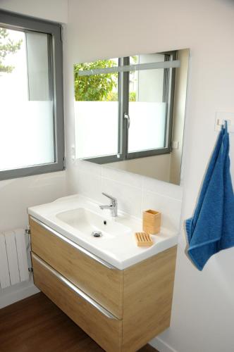 y baño con lavabo y espejo. en Villa Jules Petit Gîte, en Agon-Coutainville