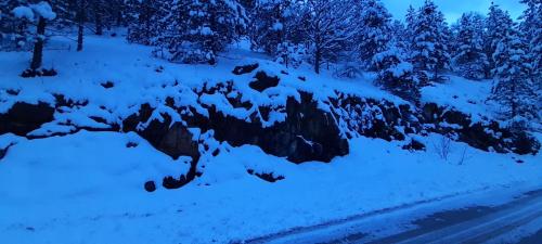 a snow covered mountain with trees and a road at Apartman S33 Vila Pekovic Green in Zlatibor