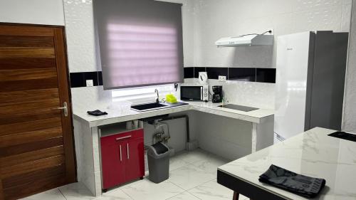 a kitchen with a sink and a red door at RESIDENCE APPARTEMENT WASSAI in Sinnamary