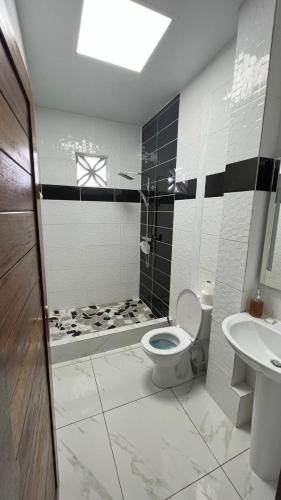 a bathroom with a toilet and a sink at RESIDENCE APPARTEMENT WASSAI in Sinnamary