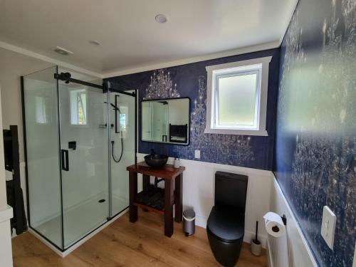 a bathroom with a glass shower and a mirror at Red Rock Cottage, beachfront luxury in Clarks Beach