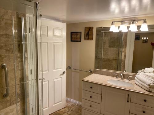 uma casa de banho com um chuveiro, um lavatório e um espelho. em Salt Lake City Sweet Spot em Murray