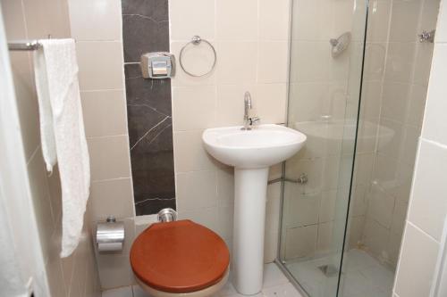 y baño con aseo, lavabo y ducha. en Pousada Al Chaddai, en São Lourenço