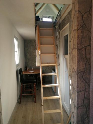 a ladder leading up to a loft bed in a tiny house at Brvnara Krin 3 in Nova Varoš