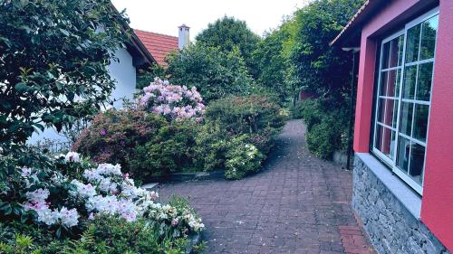 a garden with flowers and bushes next to a house at Casas de Pedra in Camacha