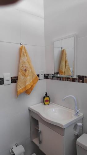 ein Bad mit einem Waschbecken und einem Spiegel in der Unterkunft Flat com portão na Praia in Angra dos Reis