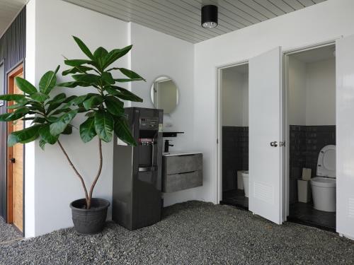 a bathroom with a potted plant and a sink at Summerflow Hostel in Xiaoliuqiu