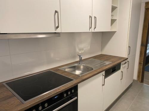 a white kitchen with a sink and a stove at Altstadt Fereienwohnung Hameln in Hameln