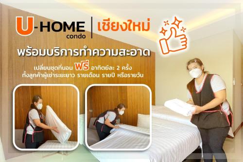 two pictures of a woman making a bed at Private wooden style studio room in city area in Chiang Mai