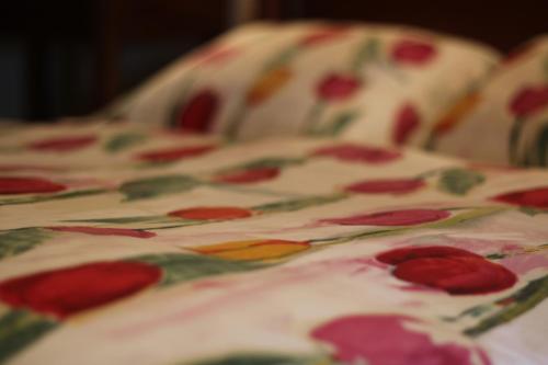 a close up of a bedsheet with flowers on it at Hotel La Posada de Lalola in Buera