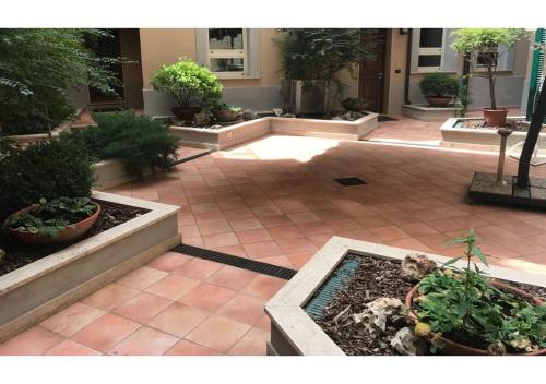ローマにあるResidenza Mecenateの鉢植えの植物と水のプールがある中庭