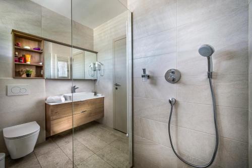 een badkamer met een douche, een toilet en een wastafel bij Vila Vernig in Bled