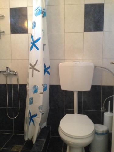 a bathroom with a toilet and a shower curtain at Studios Kapsalas in Néa Michanióna