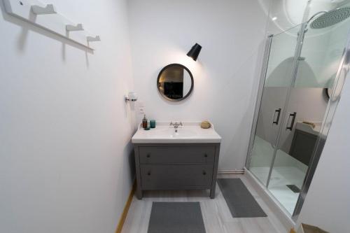 y baño con lavabo y ducha. en AppartUnique - Chez Helder, la suite !, en Vichy