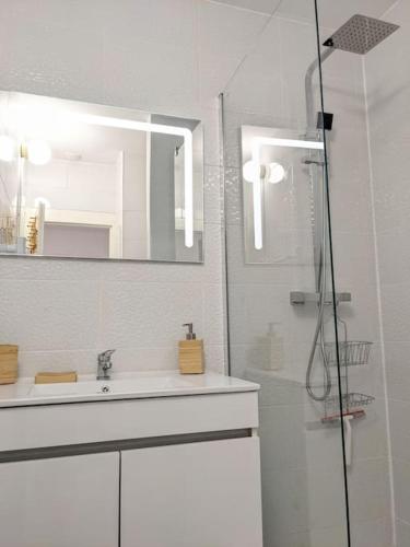 une salle de bain avec un lavabo et une douche avec un miroir dans l'établissement Séjour cocooning pour se ressourcer à la montagne., à Aulus-les-Bains