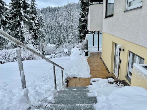 a staircase covered in snow next to a building at Haus Jenni im Schwarzwald, 3,5-Zimmer, große Terrasse in Freudenstadt