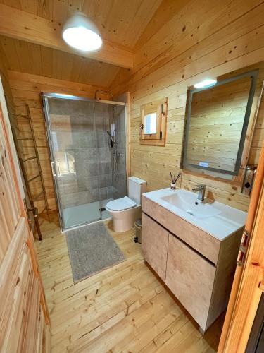 a bathroom with a sink and a shower and a toilet at Quinta Altamira in Portalegre