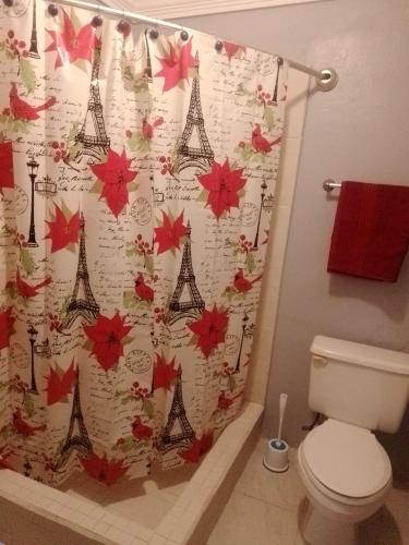 een badkamer met een douchegordijn met de eiffeltoren bij Errol and Nancy's Place in Nassau