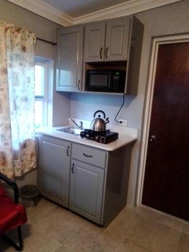 eine Küche mit einer Spüle und einem Wasserkocher auf der Theke in der Unterkunft Errol and Nancy's Place in Nassau