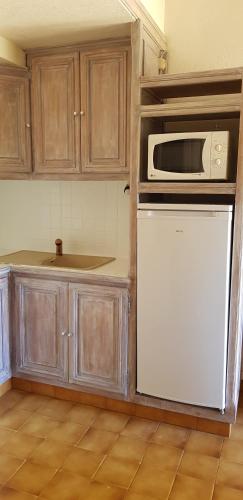 La cuisine est équipée d'un four micro-ondes blanc et d'un réfrigérateur. dans l'établissement Villa Naturiste NATURE Héliovillage 104, au Cap d'Agde