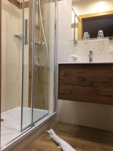 a bathroom with a shower and a sink at Haus Sonja in Altaussee
