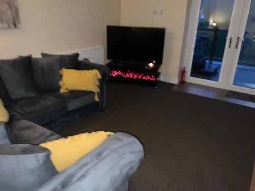 a living room with a couch and a television at Breeze Place in Nelson